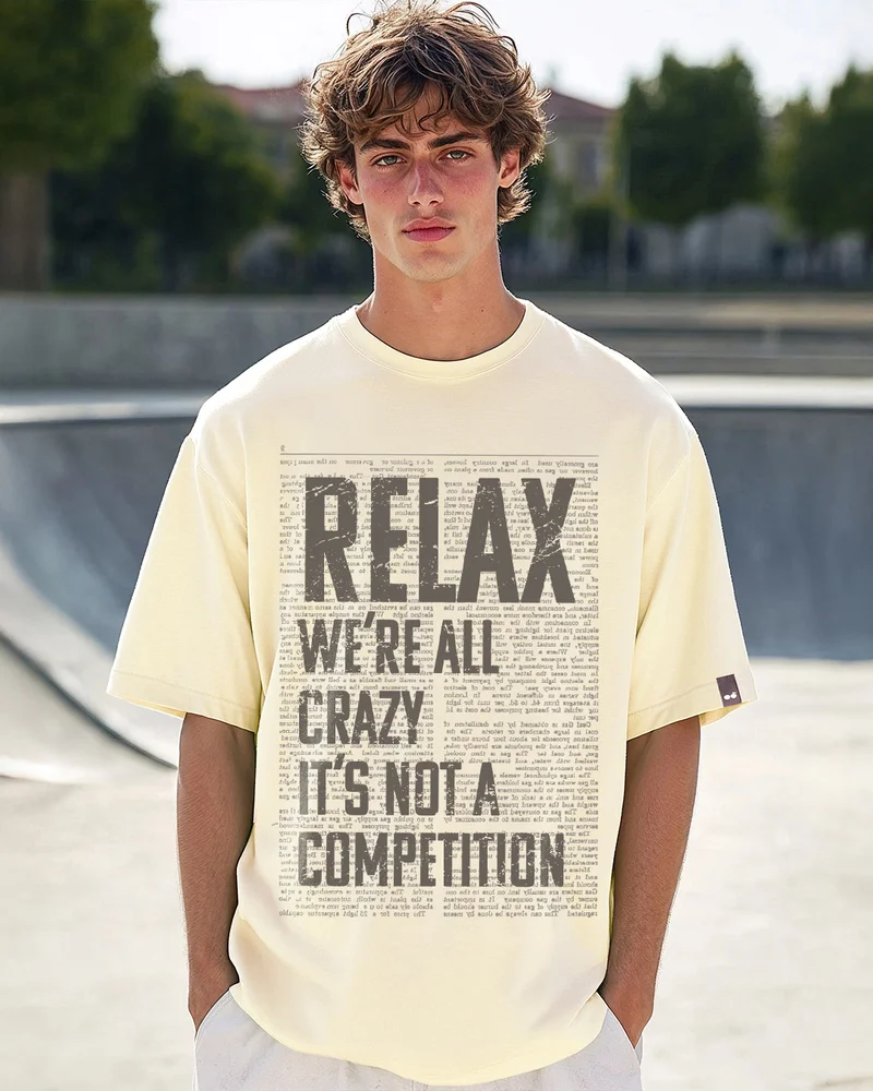بيواكوف Men's Beige Relax Typography Oversized T-shirt